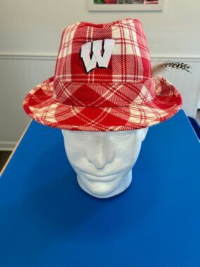 The Honour Society UW Wisconsin Badgers Plaid Fedora Hat Red White Feather Size